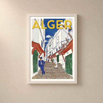 Affiche Alger ruelle Casbah marin et haïk, poster voyage vintage coloré