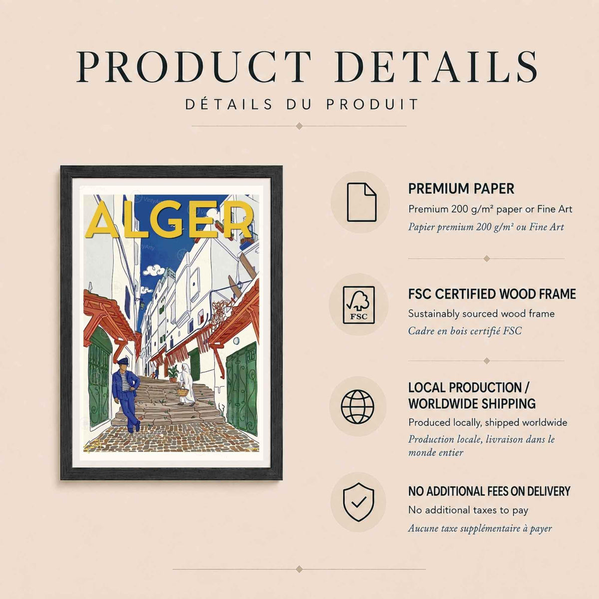 Affiche Alger ruelle Casbah marin et haïk, poster voyage vintage coloré