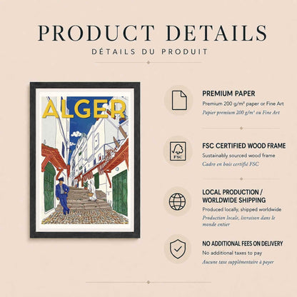 Affiche Alger ruelle Casbah marin et haïk, poster voyage vintage coloré