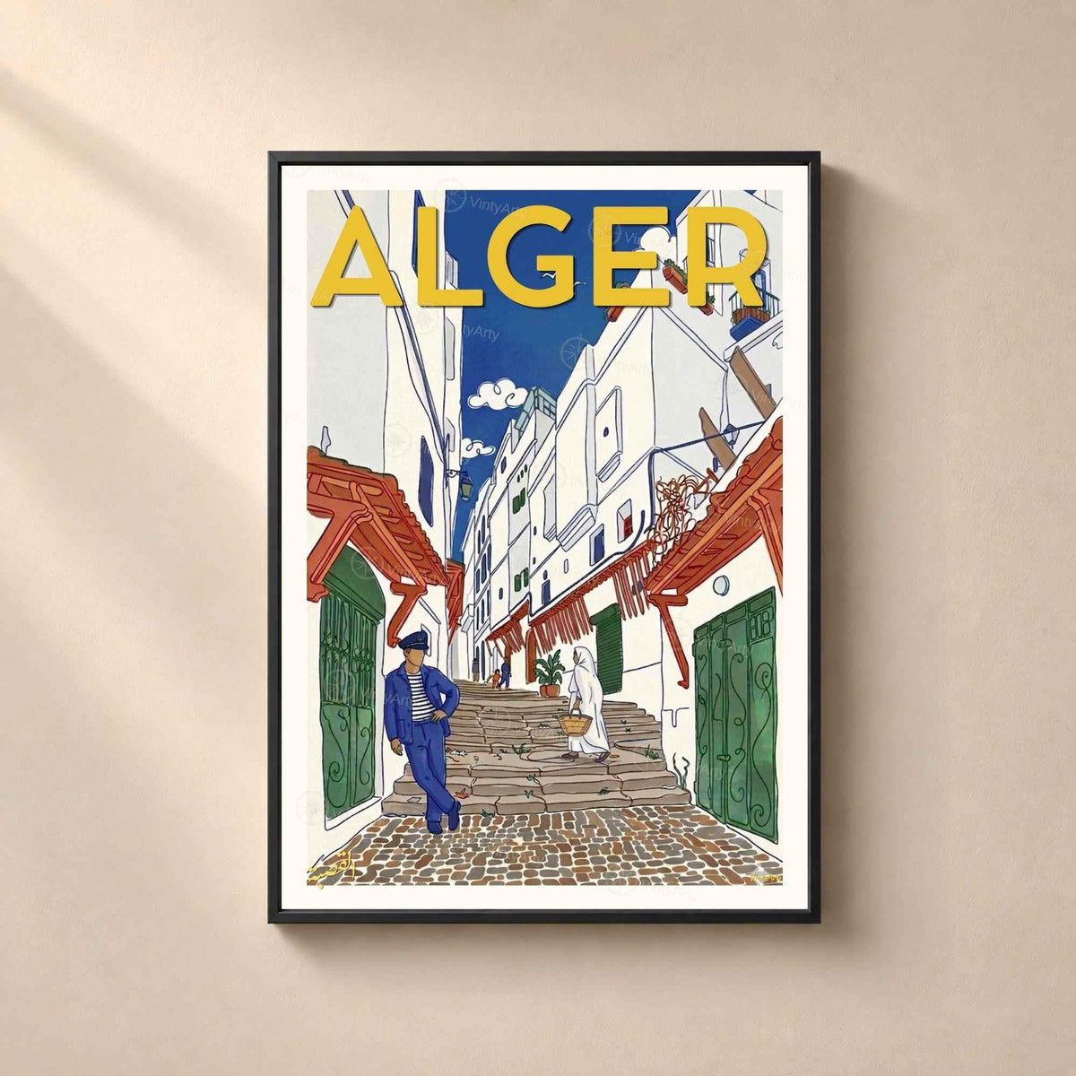 Affiche Alger ruelle Casbah marin et haïk, poster voyage vintage coloré