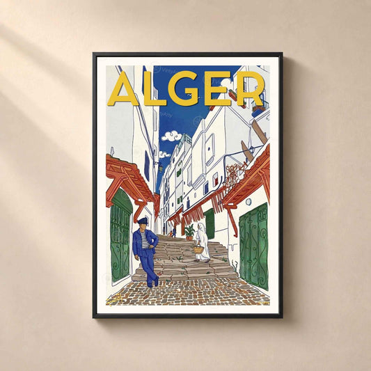 Affiche Alger ruelle Casbah marin et haïk, poster voyage vintage coloré
