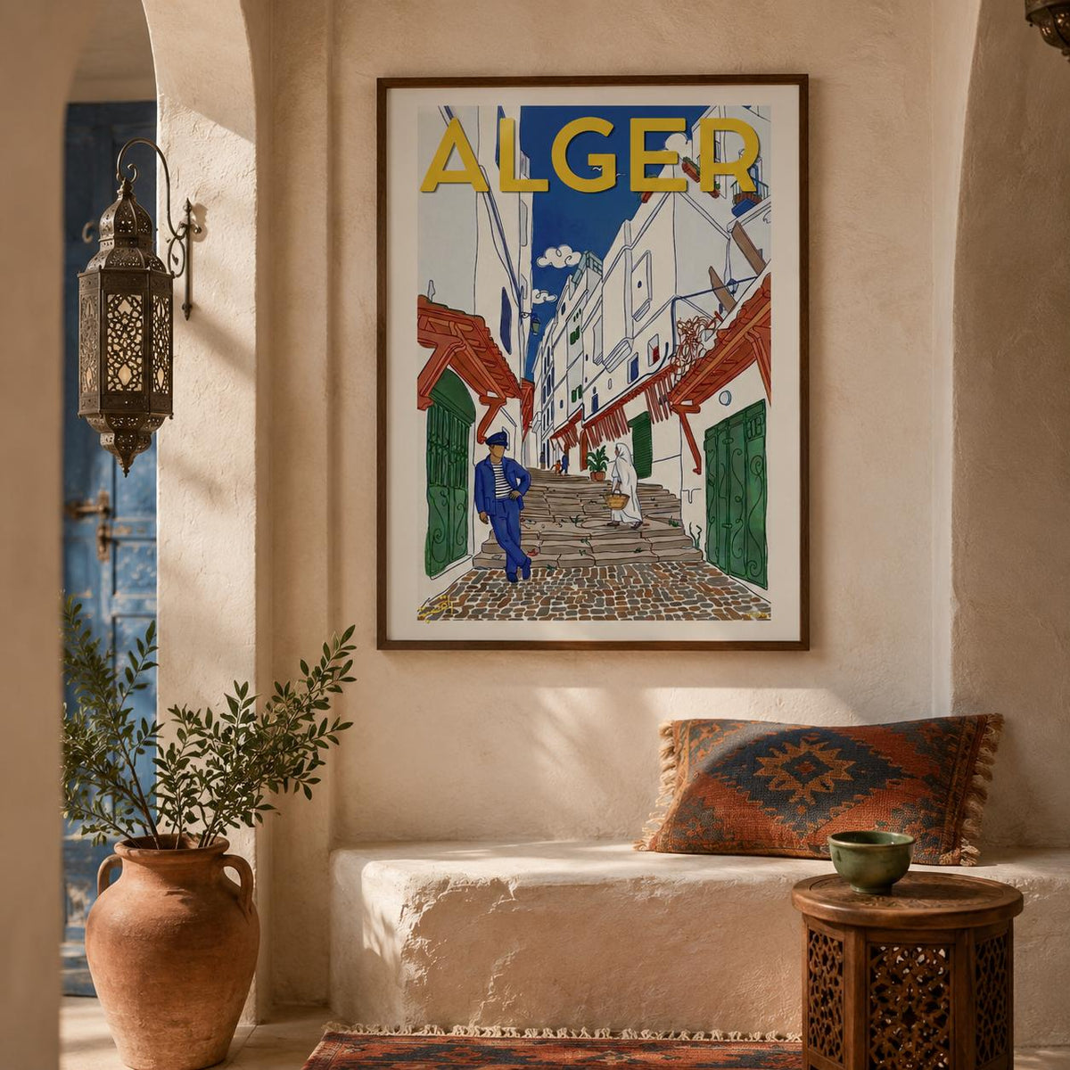 Affiche Alger ruelle Casbah marin et haïk, poster voyage vintage coloré