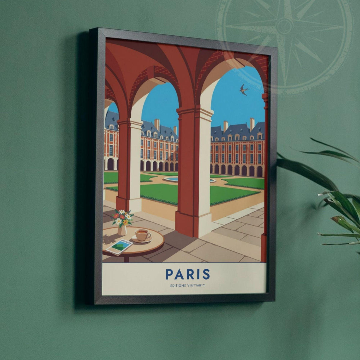 Affiche Place des Vosges Paris, arcades du Marais, poster voyage France, art mural architecture