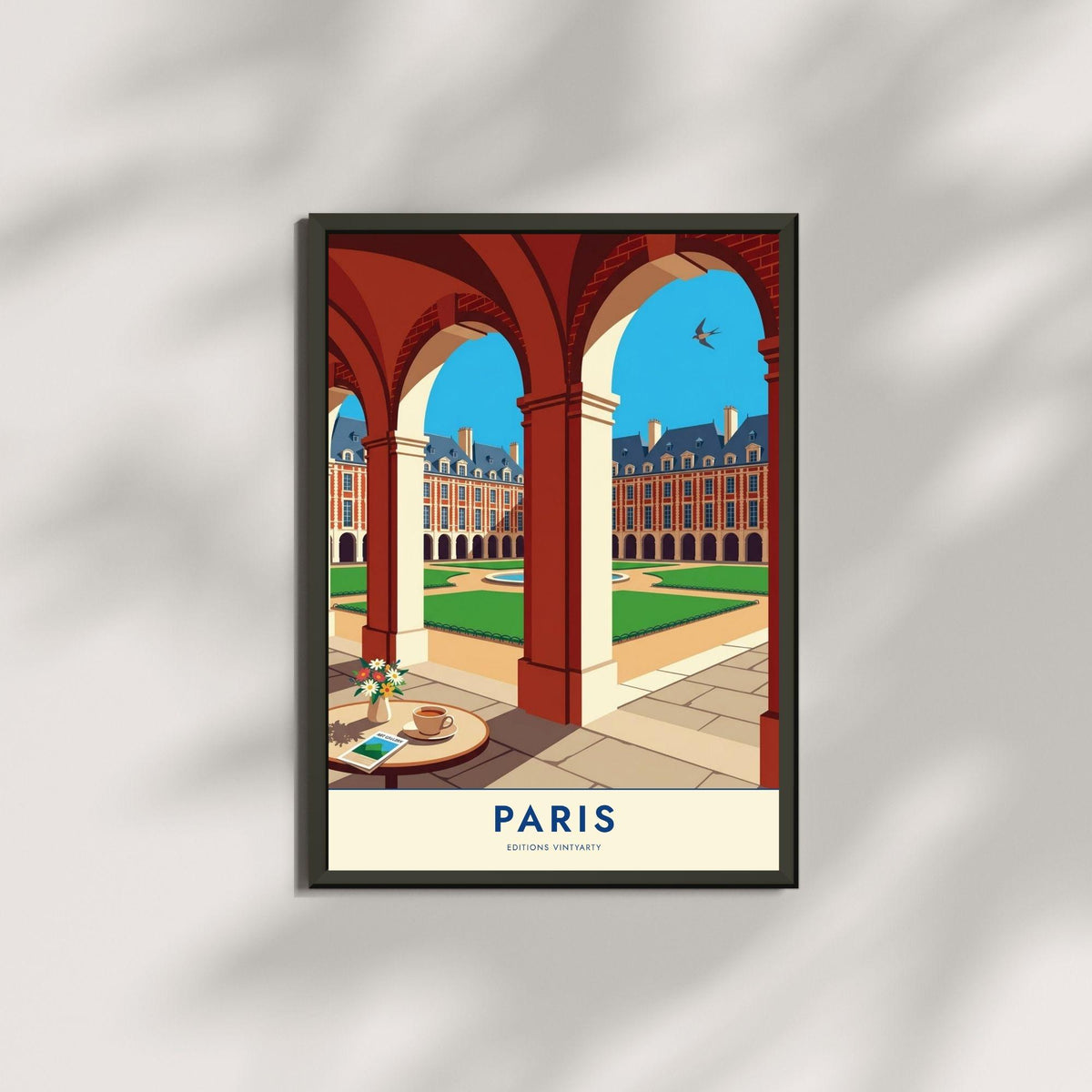 Affiche Place des Vosges Paris, arcades du Marais, poster voyage France, art mural architecture