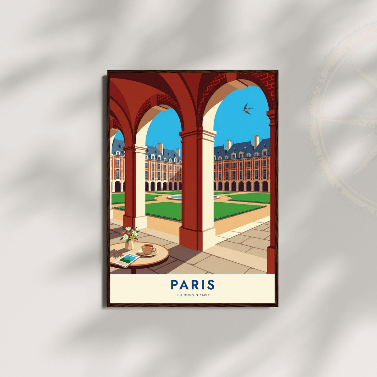 Affiche Place des Vosges Paris, arcades du Marais, poster voyage France, art mural architecture
