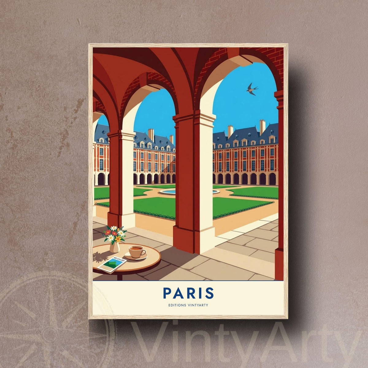 Affiche Place des Vosges Paris, arcades du Marais, poster voyage France, art mural architecture
