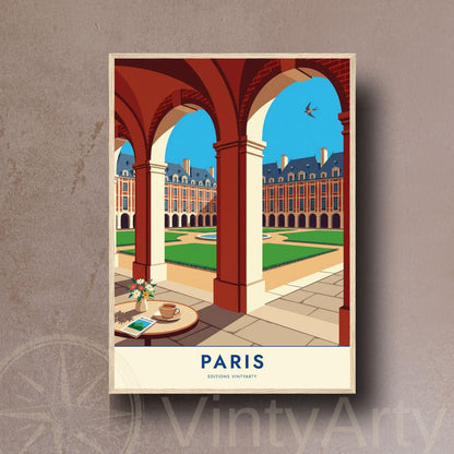 Affiche Place des Vosges Paris, arcades du Marais, poster voyage France, art mural architecture