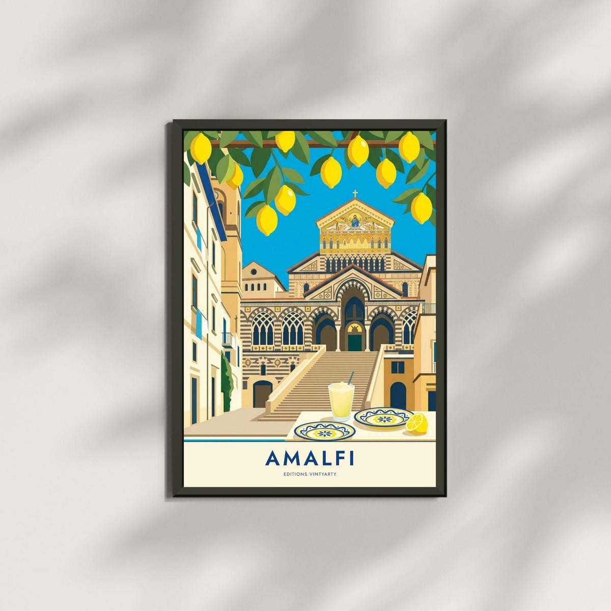 Affiche Amalfi cathédrale et citrons, poster côte amalfitaine Italie, art mural cuisine méditerranéenne