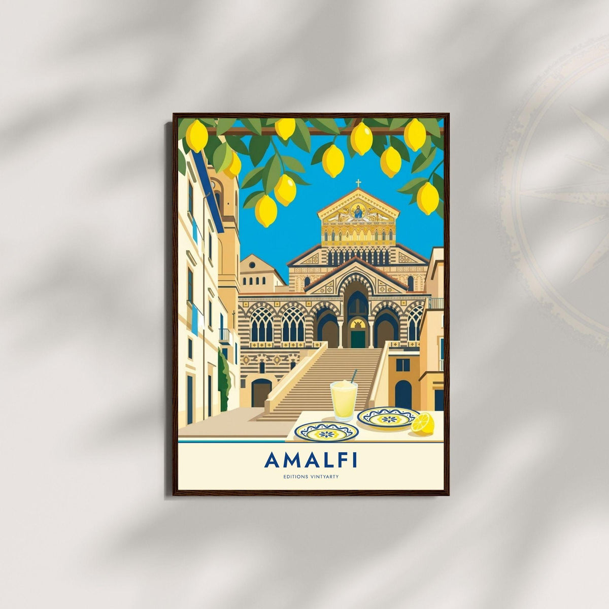 Affiche Amalfi cathédrale et citrons, poster côte amalfitaine Italie, art mural cuisine méditerranéenne