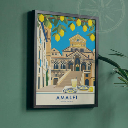 Affiche Amalfi cathédrale et citrons, poster côte amalfitaine Italie, art mural cuisine méditerranéenne