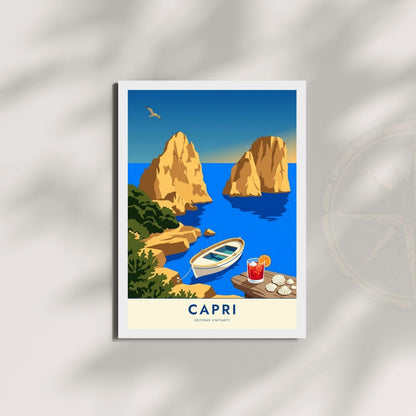 Affiche Capri Faraglioni Italie, poster golfe de Naples, art mural bord de mer bleu vif