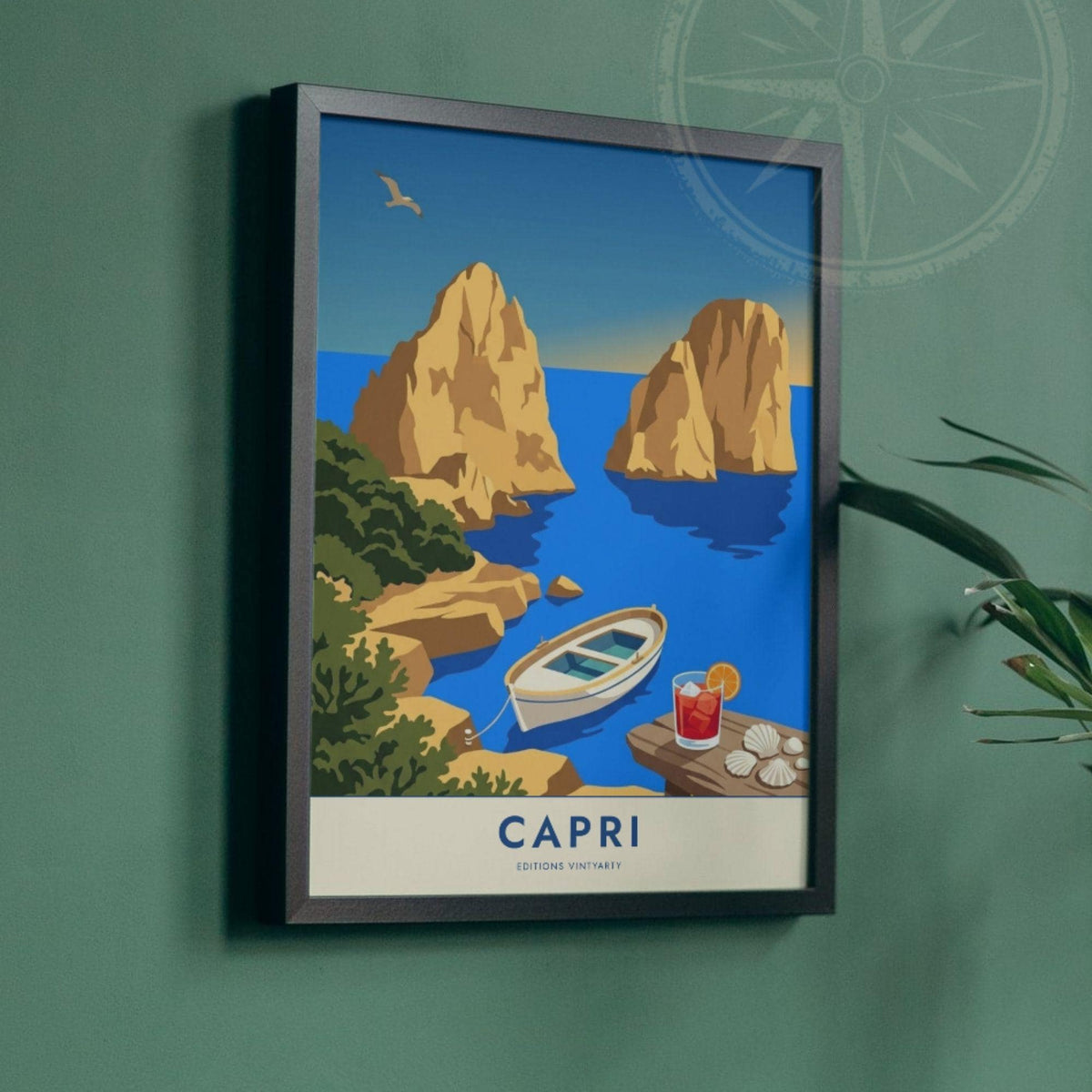 Affiche Capri Faraglioni Italie, poster golfe de Naples, art mural bord de mer bleu vif