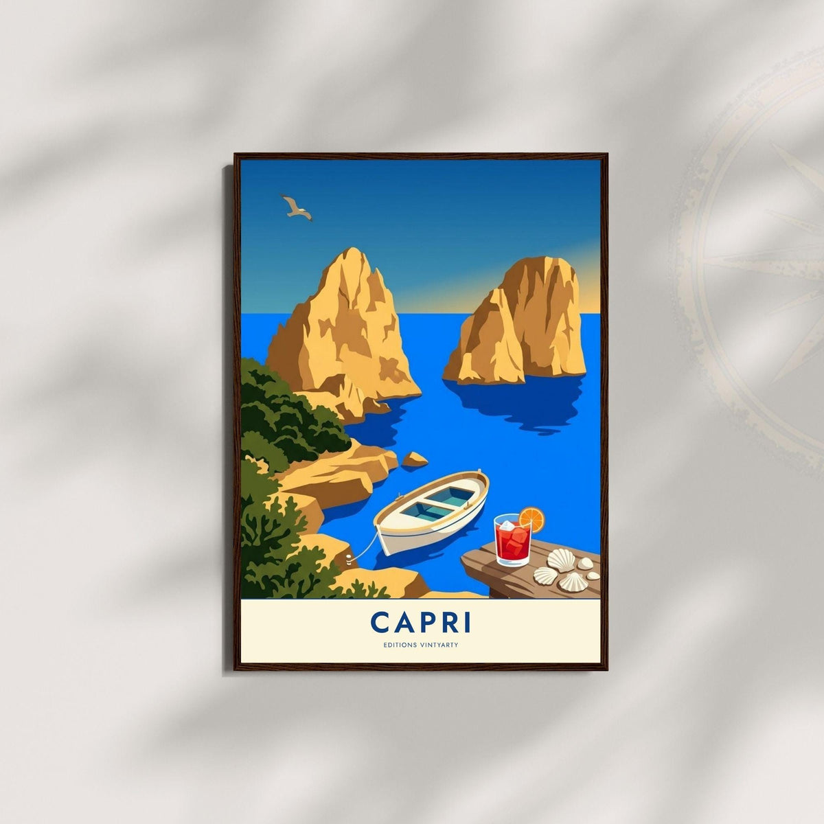 Affiche Capri Faraglioni Italie, poster golfe de Naples, art mural bord de mer bleu vif