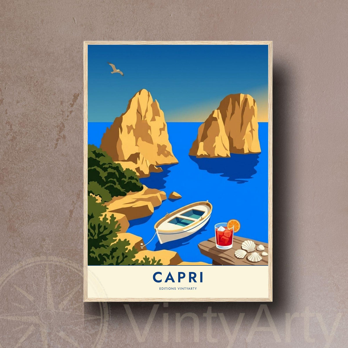 Affiche Capri Faraglioni Italie, poster golfe de Naples, art mural bord de mer bleu vif