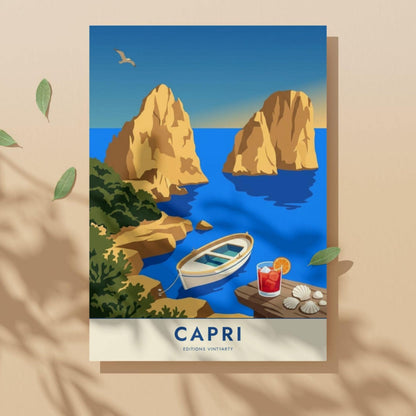 Affiche Capri Faraglioni Italie, poster golfe de Naples, art mural bord de mer bleu vif