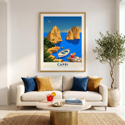 Affiche Capri Faraglioni Italie, poster golfe de Naples, art mural bord de mer bleu vif