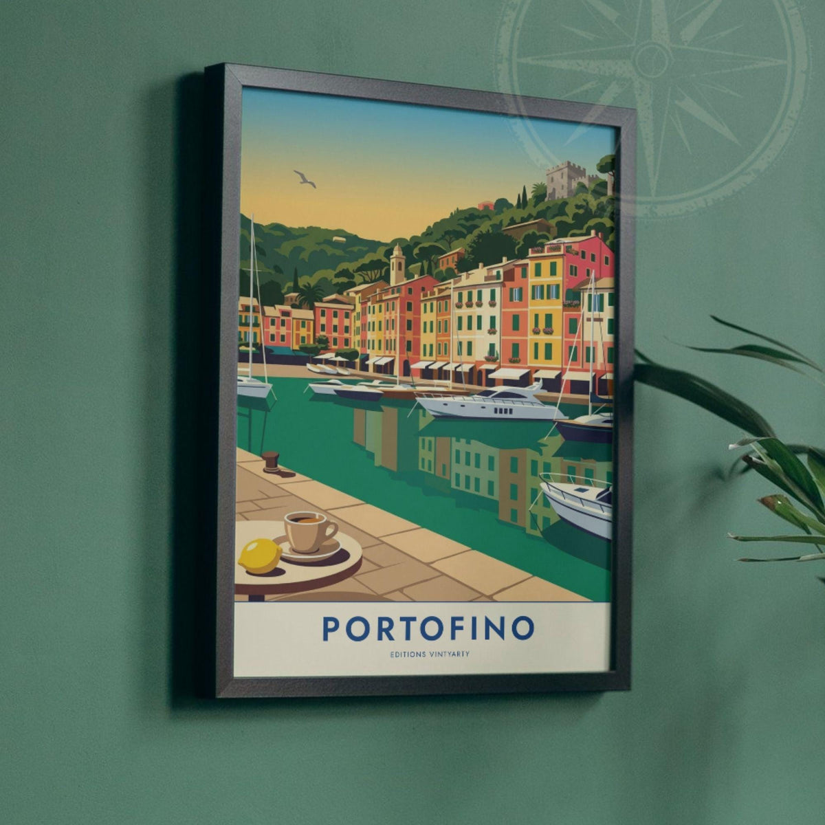 Affiche Portofino riviera italienne, poster port de plaisance Ligurie, art mural bord de mer