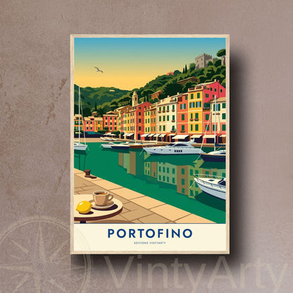 Affiche Portofino riviera italienne, poster port de plaisance Ligurie, art mural bord de mer