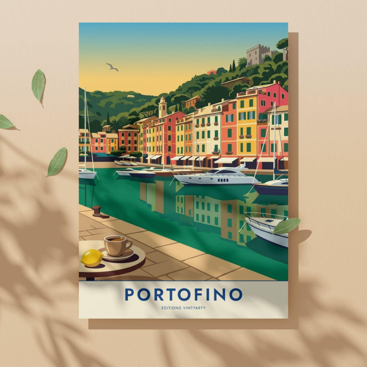Affiche Portofino riviera italienne, poster port de plaisance Ligurie, art mural bord de mer