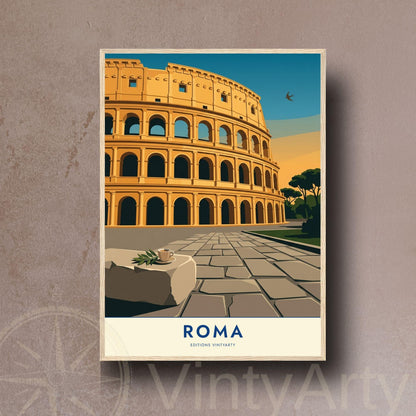 Affiche Rome Colisée Italie, poster monument antique, art mural ocre voyage et architecture
