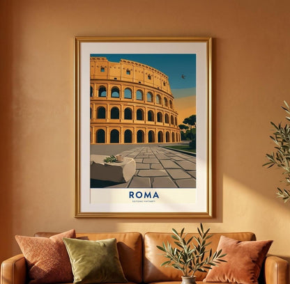 Affiche Rome Colisée Italie, poster monument antique, art mural ocre voyage et architecture