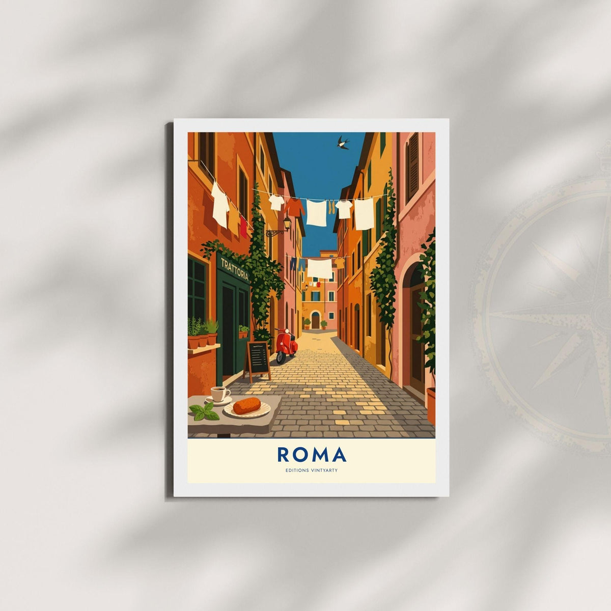 Affiche Rome ruelle Trastevere, poster trattoria et scooter, art mural cuisine italienne