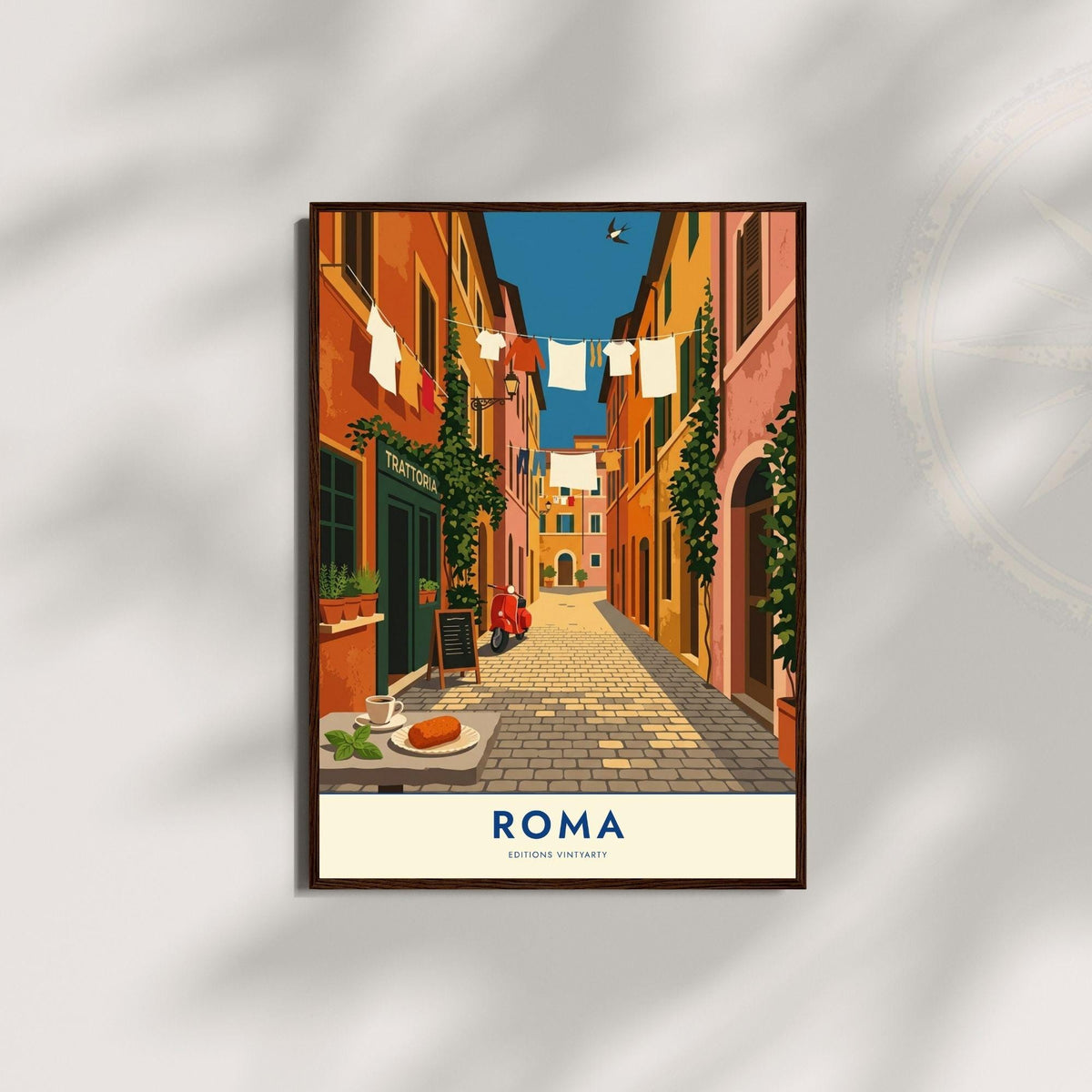 Affiche Rome ruelle Trastevere, poster trattoria et scooter, art mural cuisine italienne