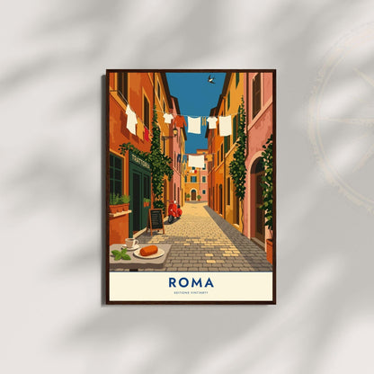 Affiche Rome ruelle Trastevere, poster trattoria et scooter, art mural cuisine italienne