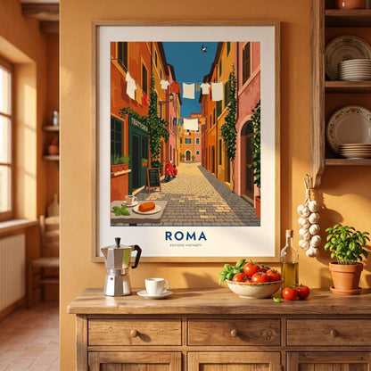 Affiche Rome ruelle Trastevere, poster trattoria et scooter, art mural cuisine italienne
