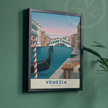 Affiche Venise pont du Rialto gondole, poster Grand Canal Italie, art mural turquoise voyage