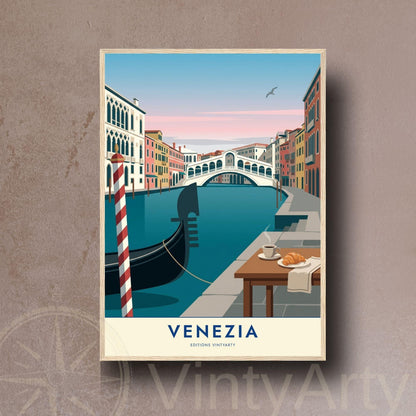 Affiche Venise pont du Rialto gondole, poster Grand Canal Italie, art mural turquoise voyage