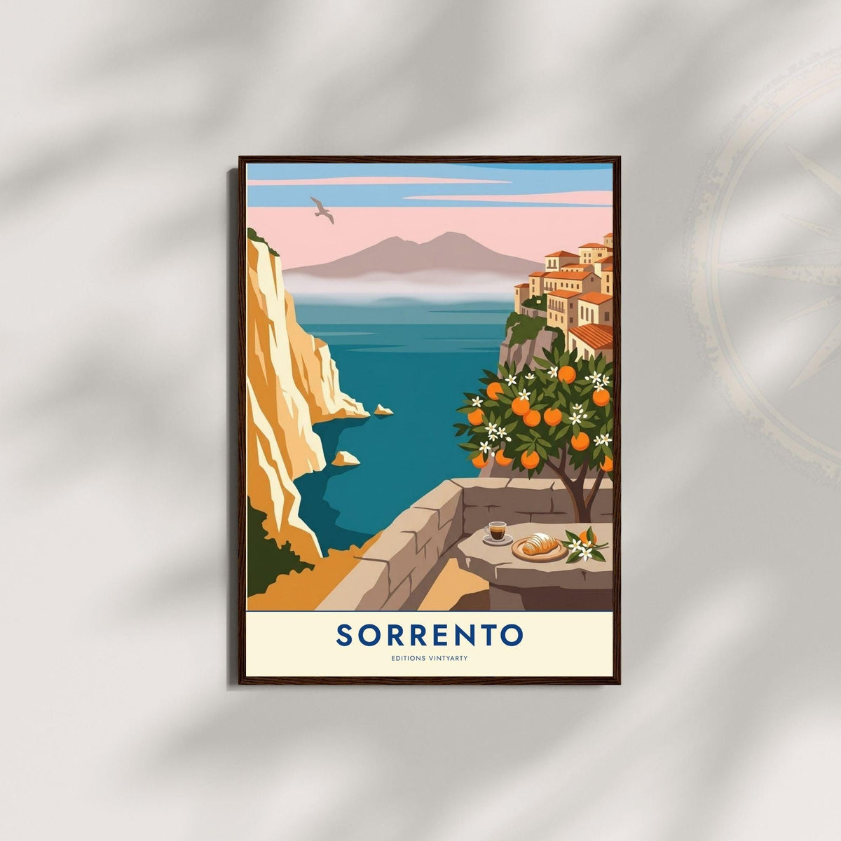 Affiche Sorrente golfe de Naples, poster Vésuve et oranger, art mural pastel bord de mer