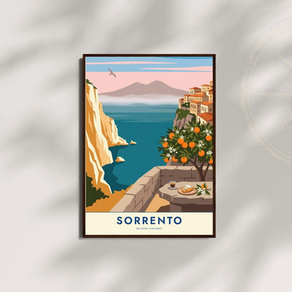 Affiche Sorrente golfe de Naples, poster Vésuve et oranger, art mural pastel bord de mer