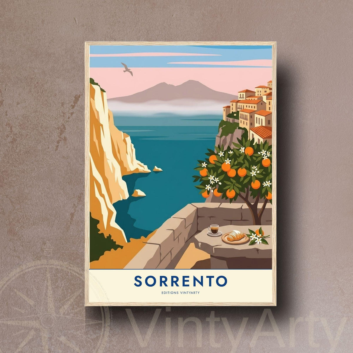 Affiche Sorrente golfe de Naples, poster Vésuve et oranger, art mural pastel bord de mer