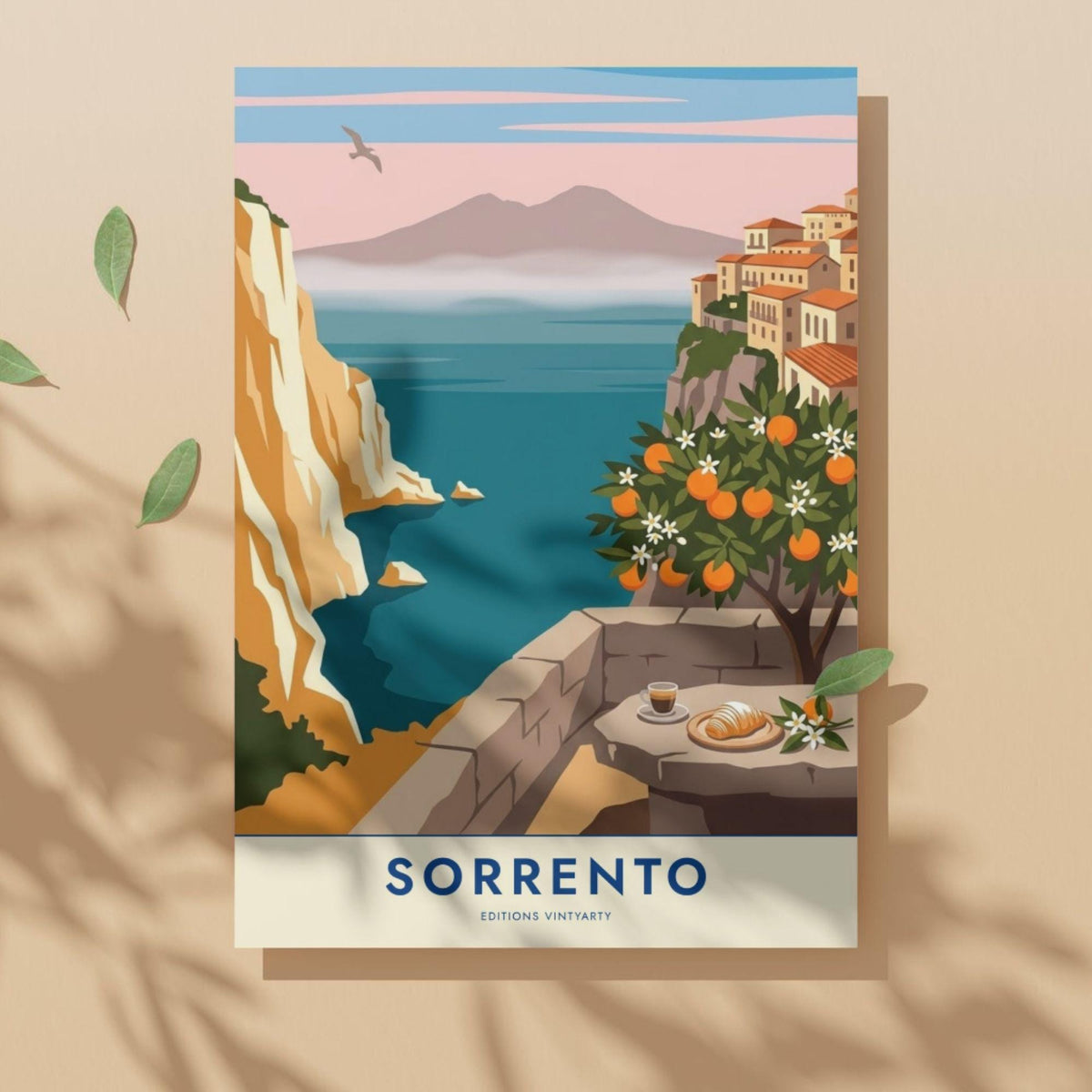 Affiche Sorrente golfe de Naples, poster Vésuve et oranger, art mural pastel bord de mer