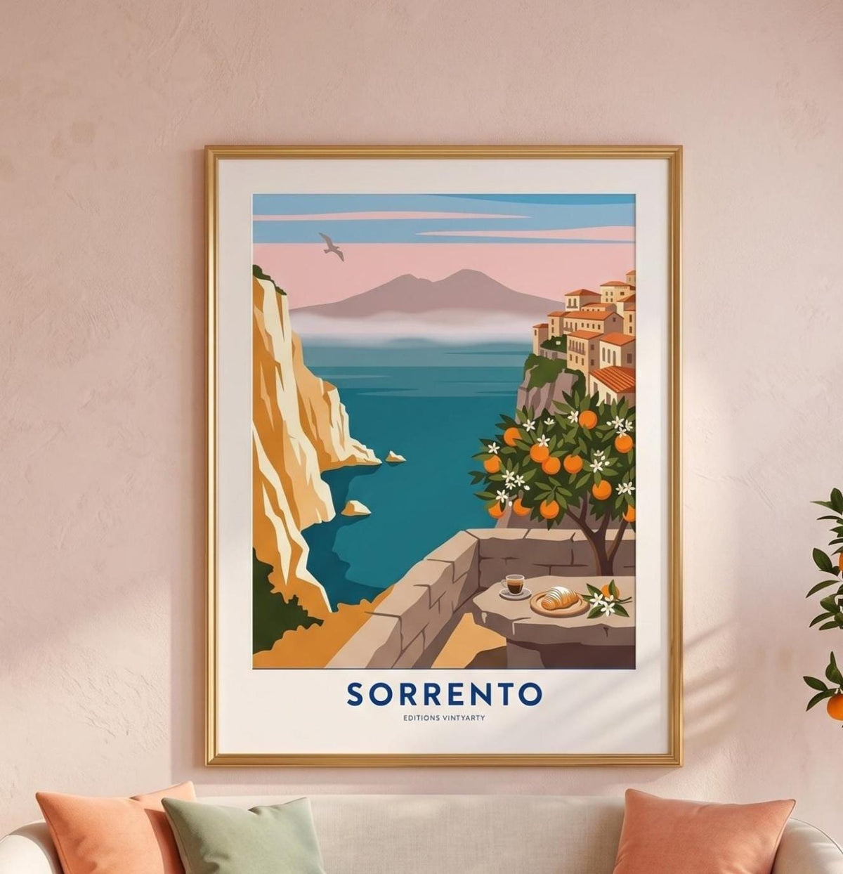 Affiche Sorrente golfe de Naples, poster Vésuve et oranger, art mural pastel bord de mer