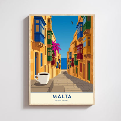 Affiche Malte La Valette balcons colorés, poster ruelle et mer, art mural jaune méditerranéen