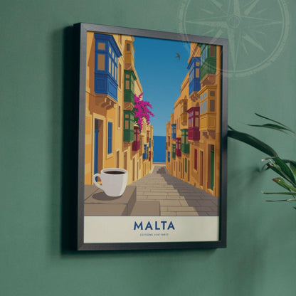Affiche Malte La Valette balcons colorés, poster ruelle et mer, art mural jaune méditerranéen
