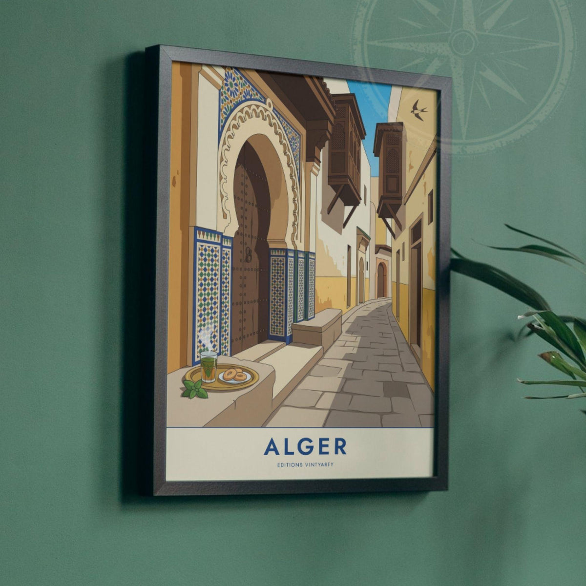 Affiche Alger ruelle de la Casbah, poster porte mauresque et zellige, art mural ocre nord-africain