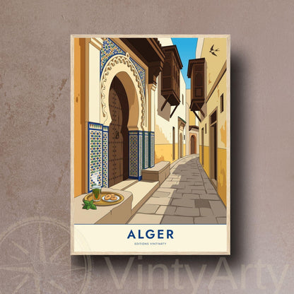 Affiche Alger ruelle de la Casbah, poster porte mauresque et zellige, art mural ocre nord-africain