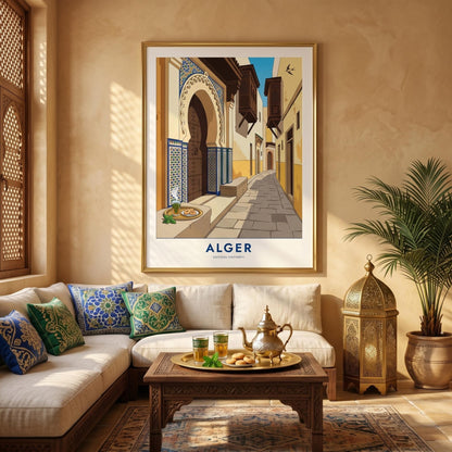 Affiche Alger ruelle de la Casbah, poster porte mauresque et zellige, art mural ocre nord-africain