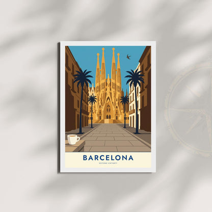Affiche Barcelone Sagrada Familia, poster Gaudi architecture, art mural ocre voyage Espagne