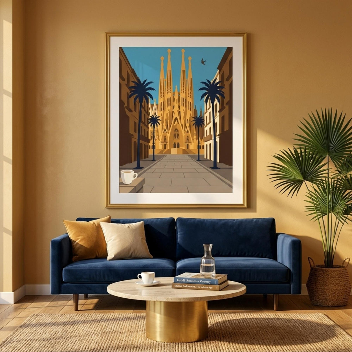 Affiche Barcelone Sagrada Familia, poster Gaudi architecture, art mural ocre voyage Espagne