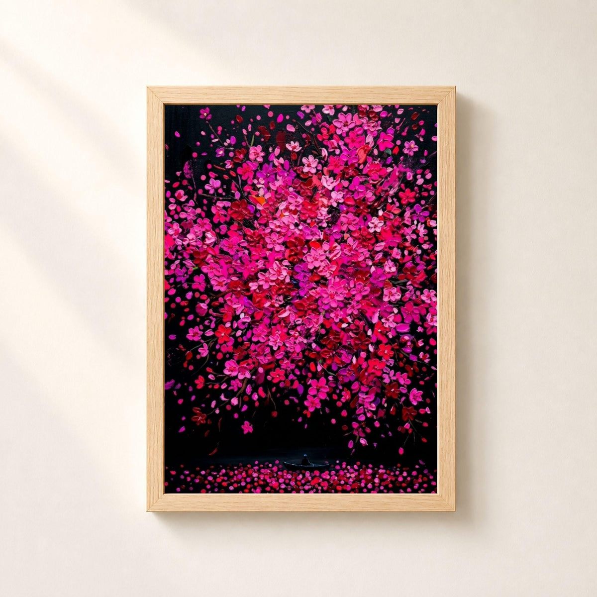 Affiche arbre en fleurs roses sur fond noir, poster floral en empâtements, art mural rose et noir