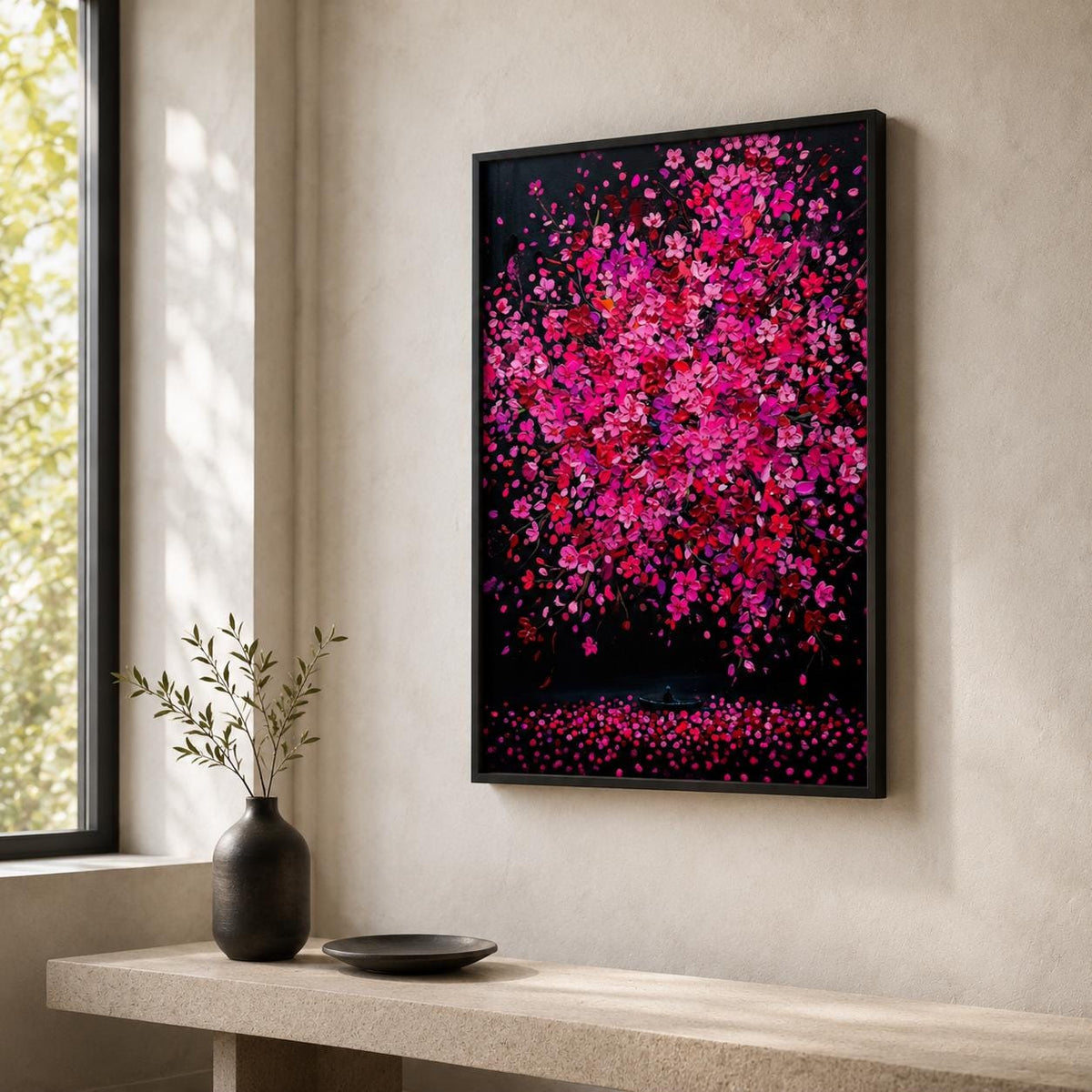 Affiche arbre en fleurs roses sur fond noir, poster floral en empâtements, art mural rose et noir