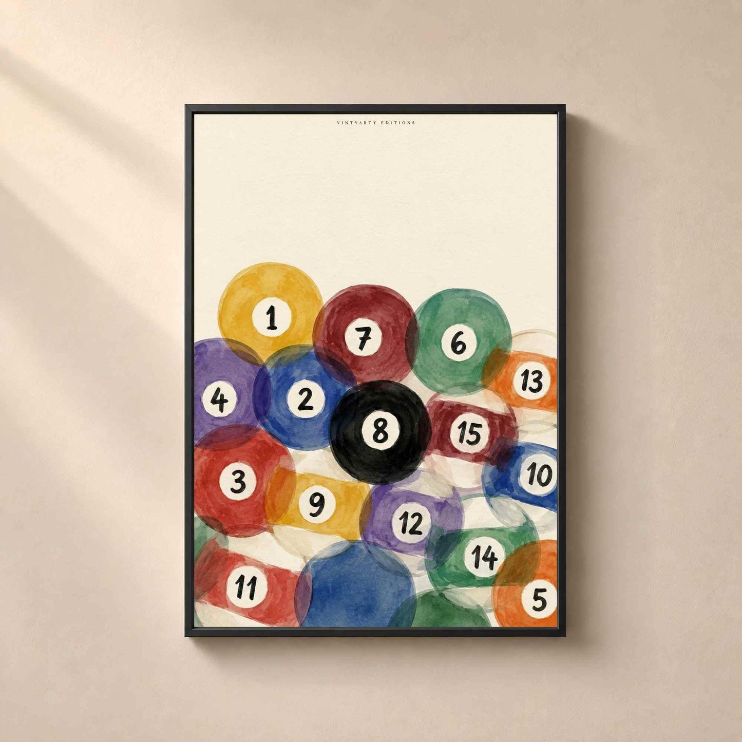 Affiche boules de billard aquarelle, poster salle de jeux, art mural coloré bar et sous-sol
