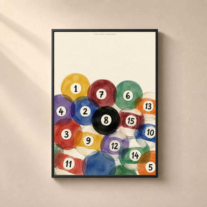 Affiche boules de billard aquarelle, poster salle de jeux, art mural coloré bar et sous-sol