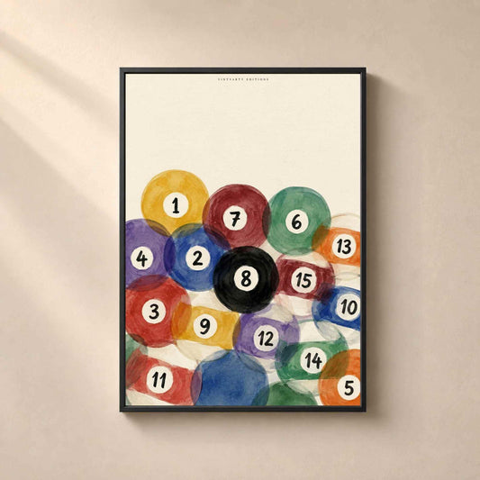 Affiche boules de billard aquarelle, poster salle de jeux, art mural coloré bar et sous-sol
