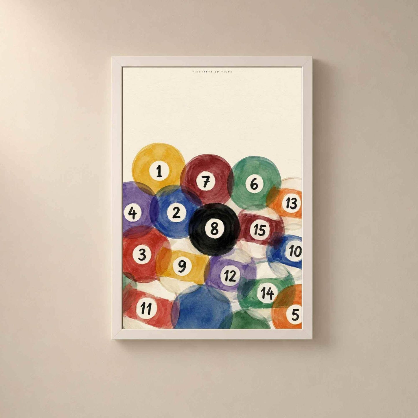 Affiche boules de billard aquarelle, poster salle de jeux, art mural coloré bar et sous-sol