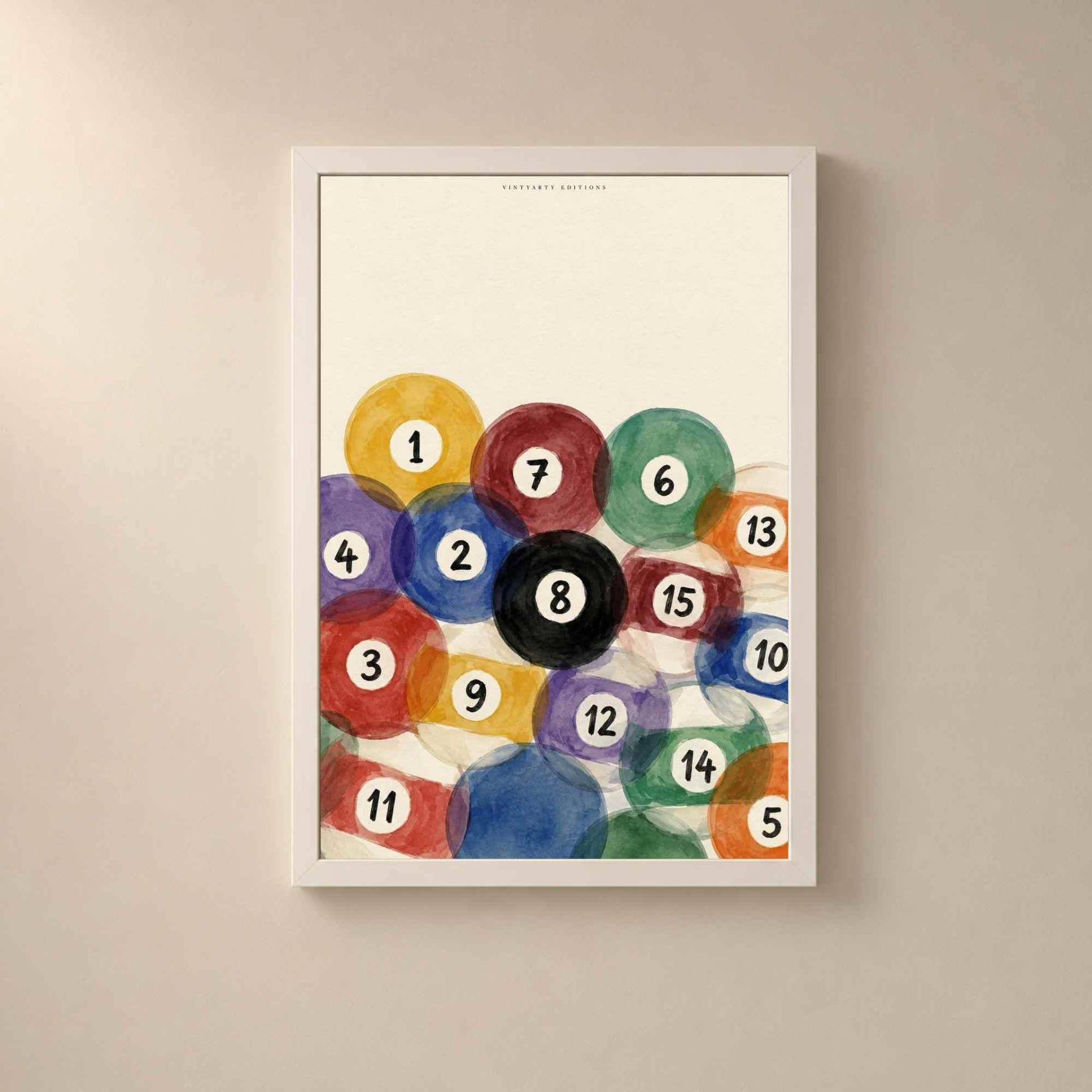 Affiche boules de billard aquarelle, poster salle de jeux, art mural coloré bar et sous-sol
